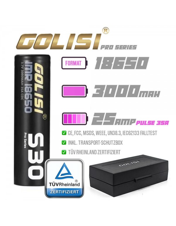 Golisi S30 18650 Akku 3000mAh 25A inkl. Transportb...