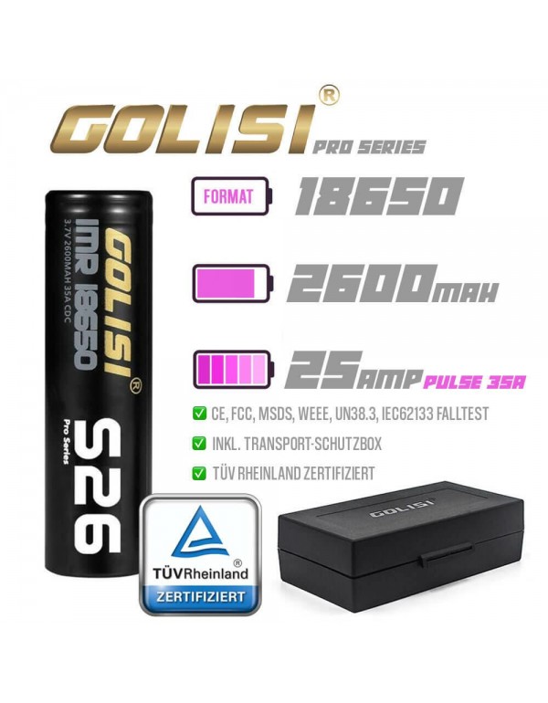 Golisi S26 18650 Akku 2600mAh 25A inkl. Transportb...